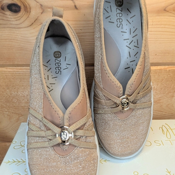 Bzees Slip-On Women's Beige/Gold  Shimmery Sneaker Shoes - Picture 8 of 15